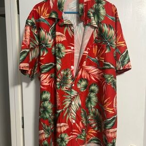 Men's Red Tropical Print Casual Button-Down Shirt
